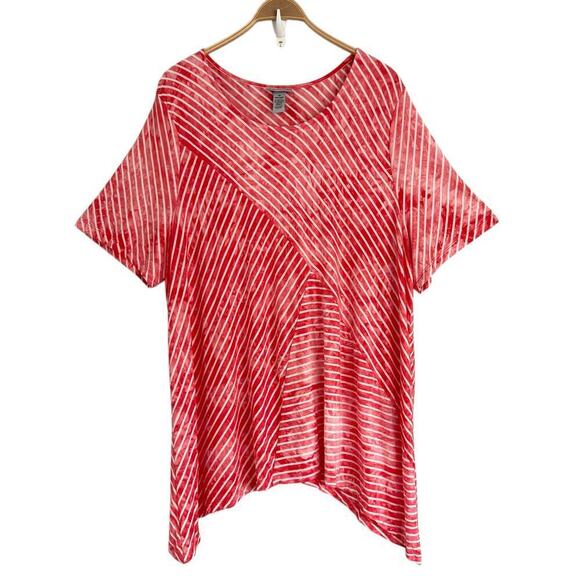 Catherine’s Striped Top Tunic Women’s sz 3X 26/28 Cap Sleeve Asymmetrical Coral - Picture 1 of 4